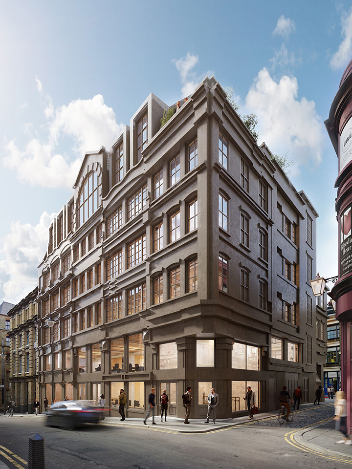 Number 8, Bleeding Heart Yard, view up corner of building