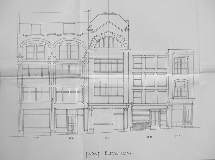 SPENCER GRANT, EXISTING FRONT ELEVATION, 20-23 GREVILLE STREET, 1922, LONDON METROPOLITAN ARCHIVES 