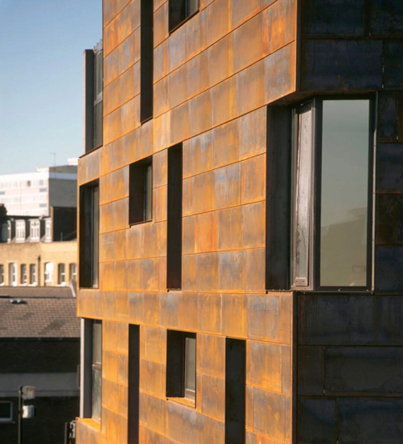 Rust-finished exterior of Gazzano House on Farringdon Road